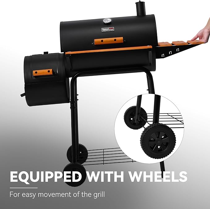 Royal Gourmet CC1624W Barrel Charcoal Grill with Offset Smoker 552 Sq. In. Cooking Area Wooden Front and Side Shelf with Hooks Mesh Bottom Shelf Charcoal Grill for Outdoor Grilling Black
