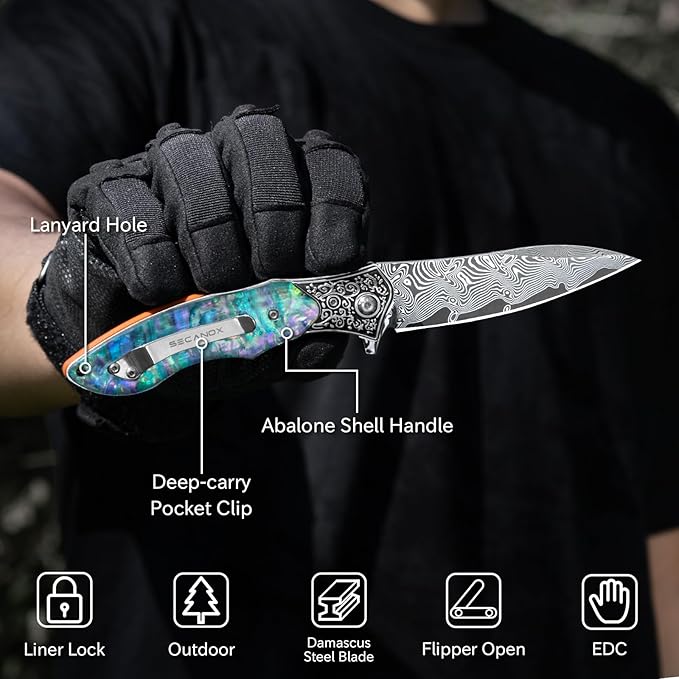 Damascus Pocket Knife for Women 3.54 Sharp Damascus Steel Blade and Abalone Shell Handle EDC Folding Knives for Camping Hiking