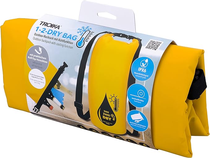 Troika 1-2-Dry Bag – RUC03/GY – Outdoor-Rucksack mit Kühlfunktion und Roll-Top – für Wassersport Angeln Schwimmen Wandern Camping – wasserdicht – PVC Tarpaulin – gelb schwarz
