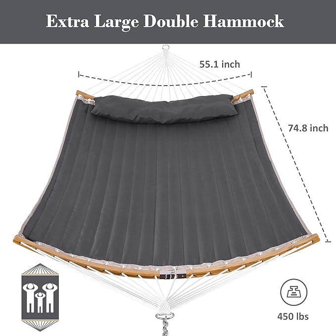 SUNCREAT Hammocks Standing Backyard Hammock with Stand 2 Person Heavy Duty Portable Hammock with 13.5 ft Wooden Stand Dark Gray