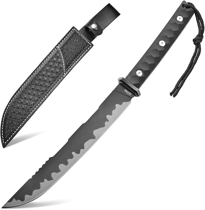 Gtkii GTK38 Fixed Blade Knife DC53 Steel Blade Full Tang Nylon Fiberglass Handle Samurai Style Fix Knifes for Outdoor Camping Hunting Collection with Leather Sheath(Black)