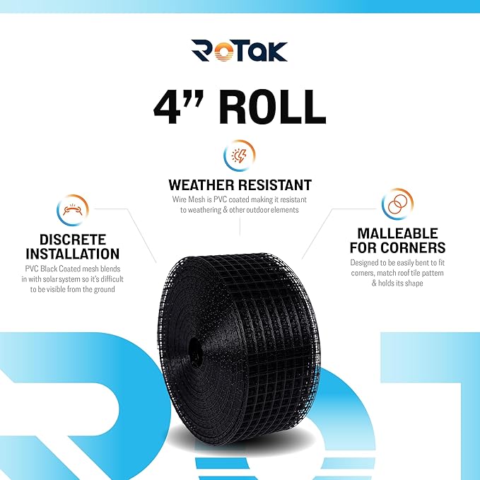 ROTAK Critter Guard - 4in x 100ft Solar Panel Bird Guard with Fastener Clips - Galvanized Black PVC Coated ½ inch Wire Roll Mesh (4 x 100' with 60 Fastener Clips)