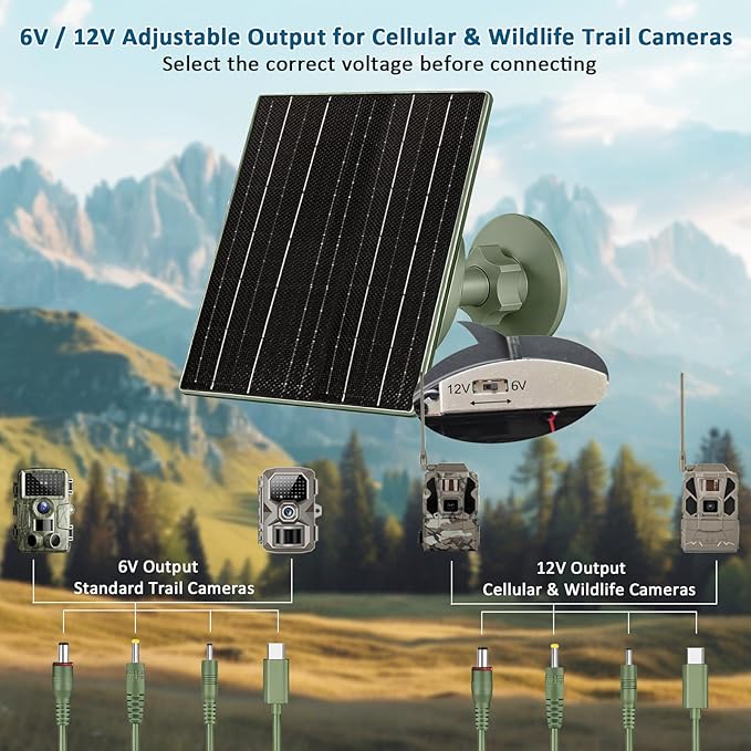 Zivif Solar Panel for Trail Camera 10W Solar Charger Built-in 10400mAh Rechargeable Battery 6V/12V Adjustable Output USB-C &amp DC Plugs IP66 Waterproof 360° Adjustable Mount