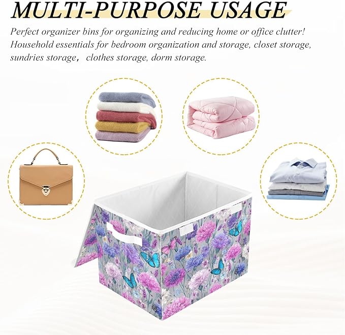 Grey Pink Corflower Butterfly Storage Box with Lid 1 PC Foldable Storage Bin with Lids Stackable Storage Bins Cube Closet Organizer Basket with Flip-Top Lid &amp Handles for Shoes Books Towels