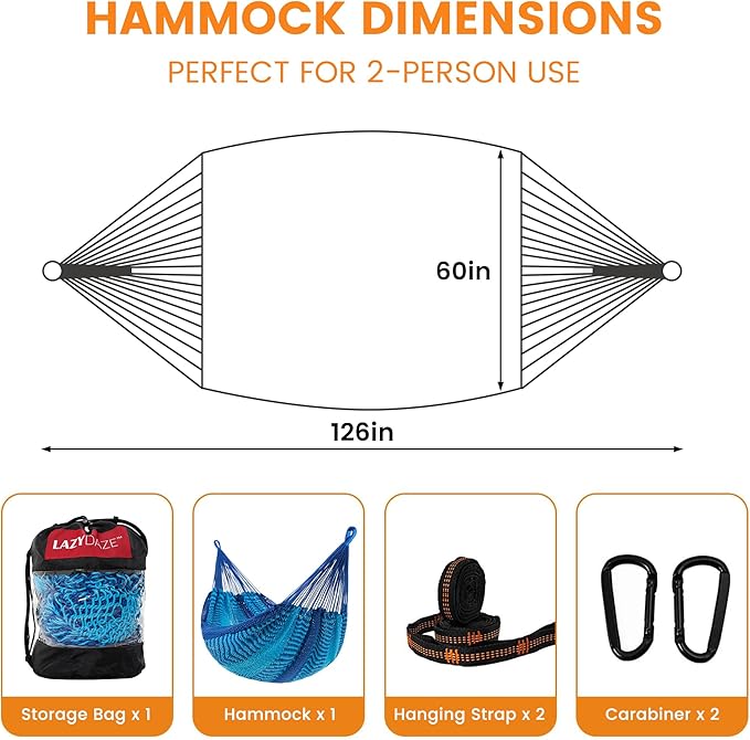 Lazy Daze Hammocks Handwoven Mayan Hammock 10.5 FT Soft Rope Double Hammocks Portable Outdoor Hammock with Carry Bag 2 Straps &amp Carabiners for Patio Outside 550 lbs Weight Capacity Blue/Dark