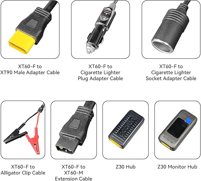 pecron U20 Universal Cable Kit with 17 Different XT60 Adapter Cables 3*Z30 Hub 1*Monitor Hub XT60-F to MC4/DC5525/Cigarette Adapter/XT60 Female/XT60 Male for Power Station Solar Panel