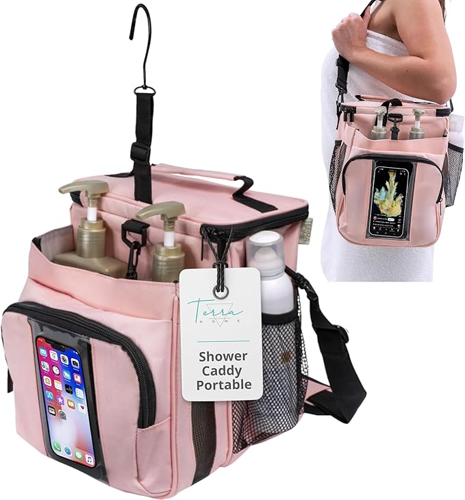 TERRA HOME XL Portable Shower Caddy Bag for Girls with Extra Storage Durable Mesh Bottom Shoulder Strap Keychain Holder Shower Caddy Case for College Dorms - Travel Vacation Essentials (Blush Pink)