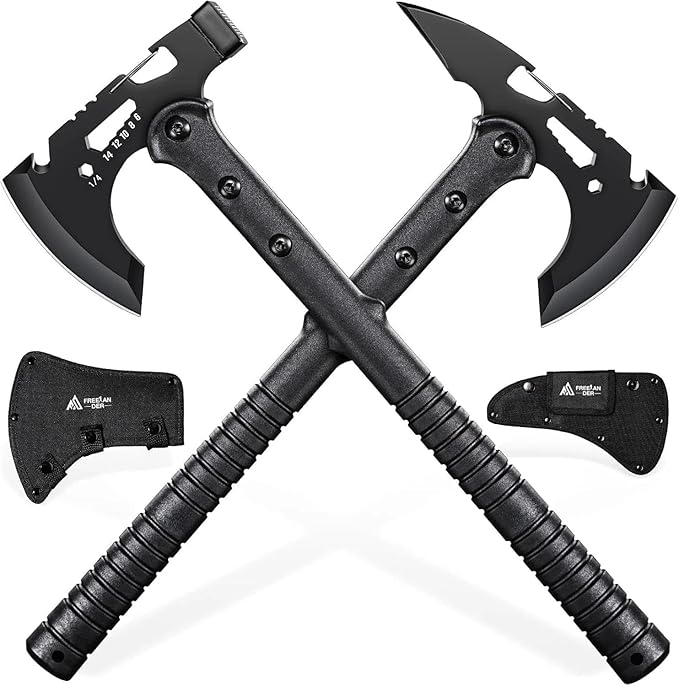 Freelander Tactical Axe 2 Pack Sharp Tomahawk with Sheath Portable Tomahawk with Clip and Bottle Opener Durable Survival Hatchet for Emergency Hiking and Camping for Men Women