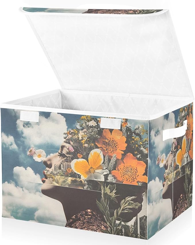 AIXIWAWA Lidded Storage Cube (Abstract Woman) Fabric Foldable Closet Bins with Flip Lid and Handles Organizer Basket Container 16.5 x 12.6 x 11.8 IN