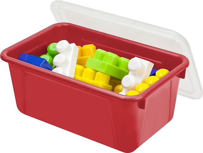 Storex Small Cubby Bins – Plastic Storage Containers for Classroom with Non-Snap Lid 12.2 x 7.8 x 5.1 inches Red 5-Pack (62407A05C)