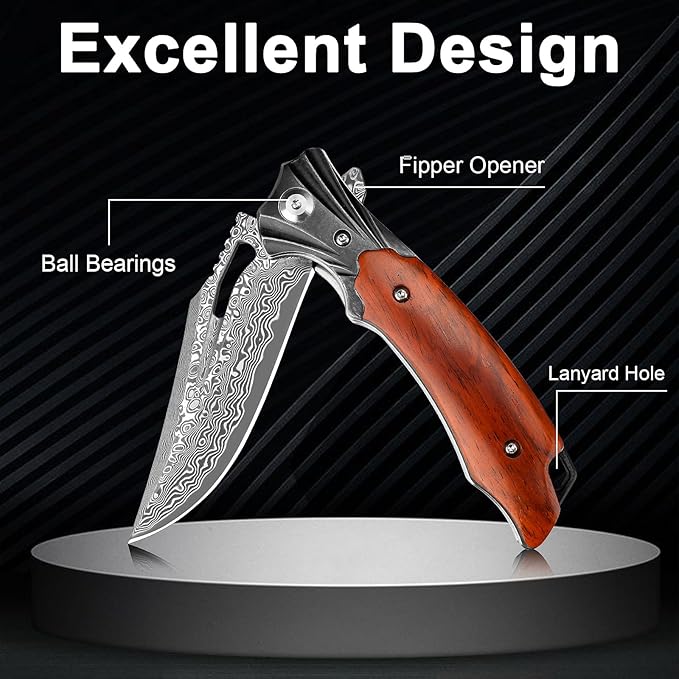 Zingbee Damascus Pocket Knife for Men Women Wood Handle Folding Knife with Sheath 3.15 Damascus Steel Blade Pocket Knives for Outdoor