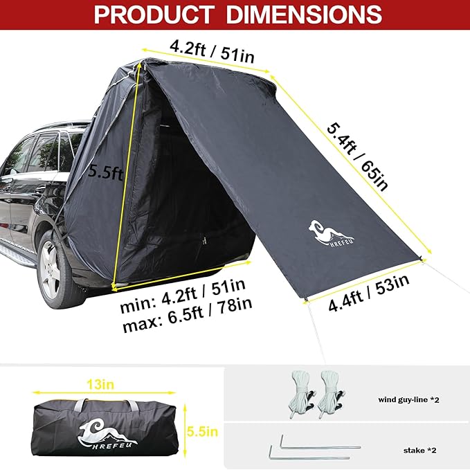 SUV Tent Car Awning UPF 50++ with Portable Waterproof Storage Bag Tear-Resistant Large Space Good Vision Smooth Ventilation Suitable for Outdoor Beach Camping Auto Canopy Shade…