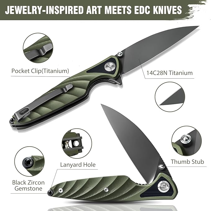 FINTISO Pocket Knife 3.15 Folding Knife Premium 14C28N Blade Bicolour Green and Black G10 Handle Design with Liner Lock Pocket Clip for Men Women Small EDC Knife for Camping Hunting Hiking Survi