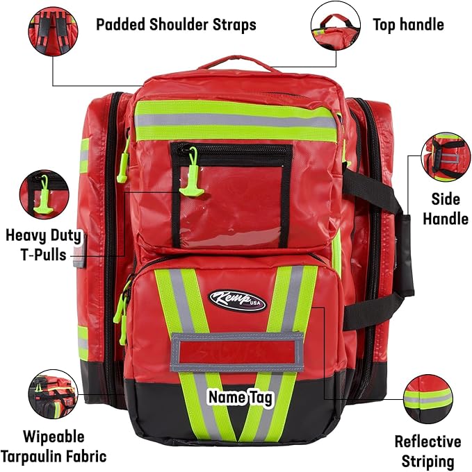 Kemp USA Heavy-Duty EMT Bag Made with Fluid-Resistant Tarpaulin Material - Emergency Survival Kit with Room for D O2 Tank - Medical Backpack with Multiple Handles (Tarpaulin Fabric Red)