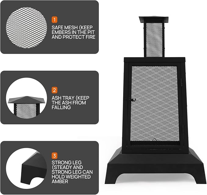 Walsport Chiminea Outdoor Fireplace 43 Inch Wood Burning Fire Pit with Grill Grate and Spark Screen Cover Outdoor Fire Pit for Patio Backyard Deck Porch and Camping Black