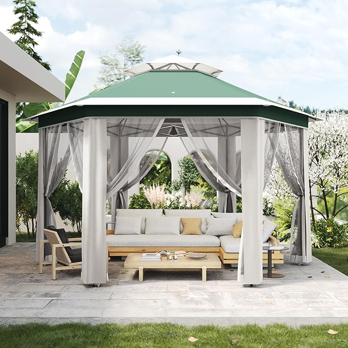 Pop-Up Gazebo 13 * 13 ft 6 Sided Canopy Tent with Mesh Windows &amp Portable Carry Bag Adjustable Tent Outdoor Pergola for Backyard &amp Patio Furniture (Green + Beige)