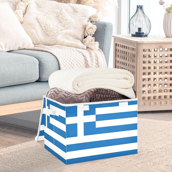 Greece Flag Greek National Blue Storage Bins with Lid Foldable Organization Storage Organizer Bins with Lids for Dorm