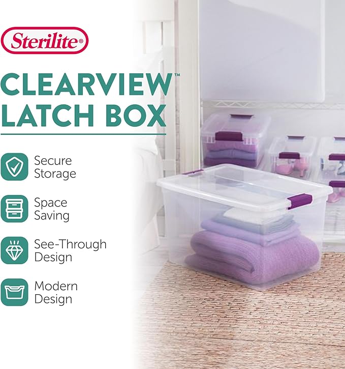 Sterilite 66 Qt ClearView Latch Storage Box Stackable Bin with Latching Lid Organize Clothes Blankets Items in Closet Clear Base and Lid 24-Pack
