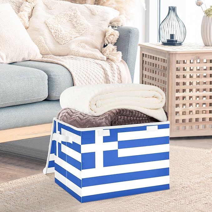 Greece Flag Fabric Decorative Storage Box Cube with Lids and Handle Collapsible Storage Boxes for Home Bedroom Closet Office.