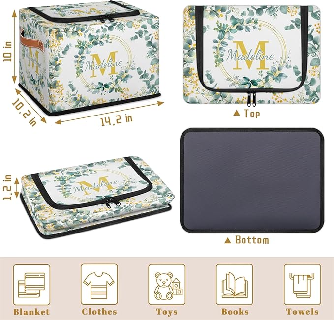Personalized Eucalyptus Initials Storage Bins with Zipper Lid Custom Fabric Storage Boxes Foldable Closet Organizers Cubes for Clothes Shelves Home Decorative 2PCS Flower Leaves