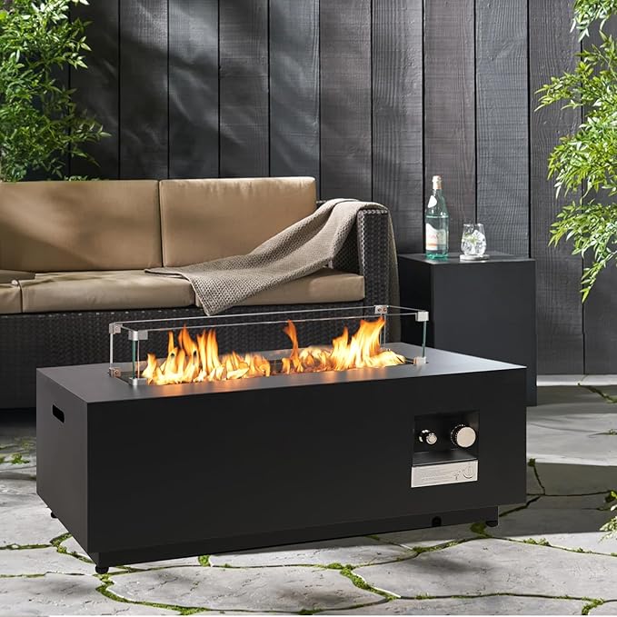 42'' Outdoor Propane Fire Pit Table 50000 BTU Rectanle Natural Gas Fire Pits with Tank Cover Wind Guard No Assembly Low Profile Fire Table for Outside Patio &amp Backyard Black