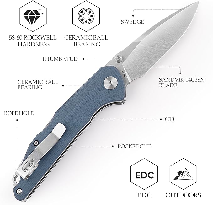TRIVISA Pocket Knife for MenEDC Folding Knife with Reversible Clip3.3in 14C28N Blade Thumb Studs &amp Lockback Outdoor Knives Camping ToolArae-03G（Satin）