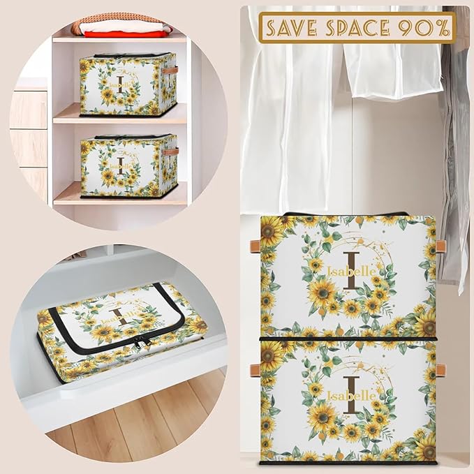 Personalized Sunflower Initials Storage Bins with Zipper Lid Custom Fabric Storage Boxes Foldable Closet Organizers Cubes for Clothes Shelves Home Decorative 2PCS Summer Flower