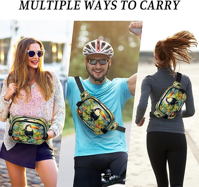 Tropical Leaf Flower Parrot Watercolour Waterproof Fanny Pack for Women Men Adjustable Waist Bag with Double Zipper Pockets Lightweight Square Hip Pack for Running Travel Hiking Workout Cycling