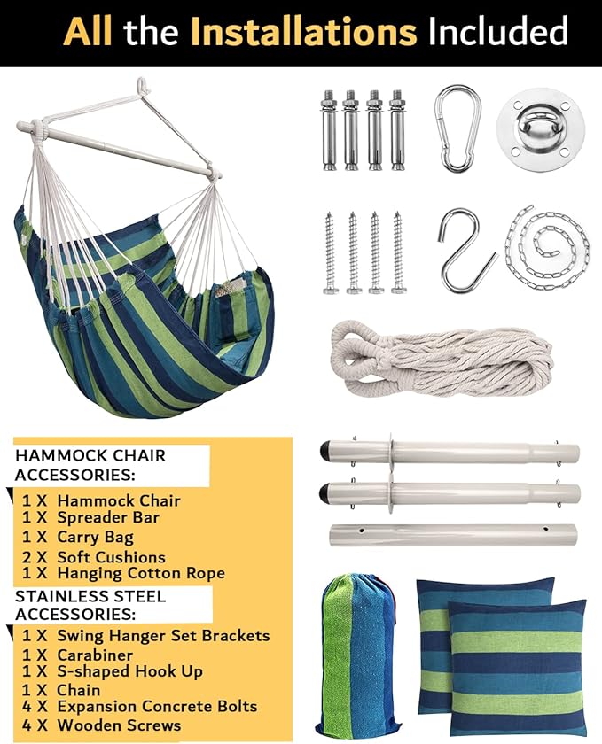 XXL Hammock Chair Hanging Rope Swing with 2 Cushions - Max 500lbs-Perfect for Patio Porch Bedroom Backyard Indoor or Outdoor - Includes Hanging Hardware Kits