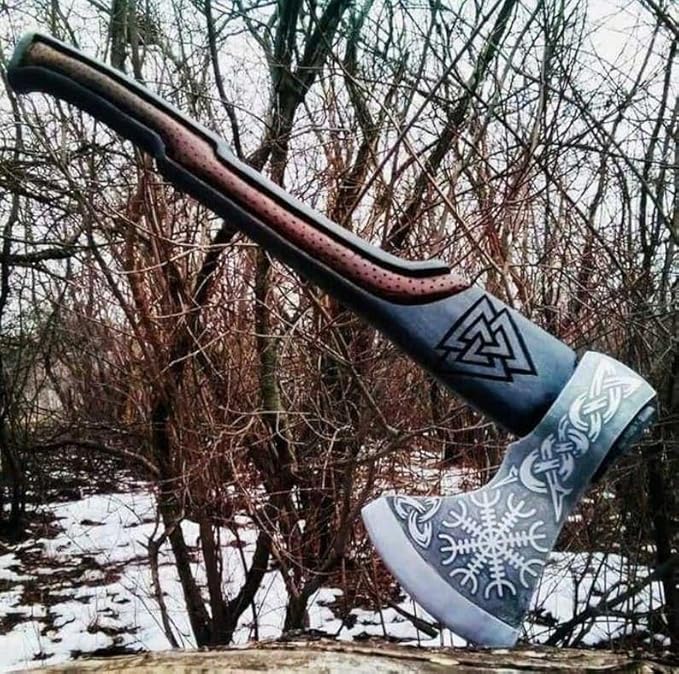Viking Axe | 17 Carbon Steel Throwing Hatchet with Ash Wood Handle &amp Leather Sheath | Etched Norse Design Functional &amp Collectible Gift (WCA-01)
