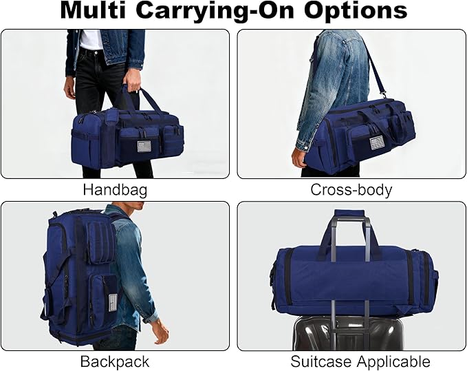 LHI 50L Tactical Duffle Bag for Men 3-in-1 Gym Duffle and Backpack Shoe Compartment Laptop Sleeve and MOLLE Carry-On Travel Weekender and Overnight Bag – Blue