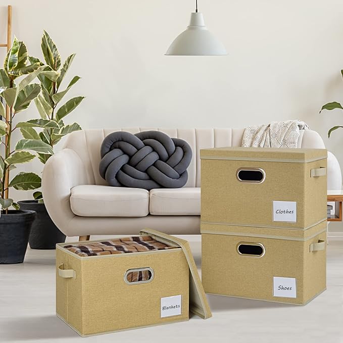 LHZK Extra Large Storage Bins with Lids [3-Pack] Linen Fabric Foldable Storage Boxes for Closet Organization 15.75x11.8x10.2 Stackable Storage Containers Storage Baskets for Organizing (Beige)