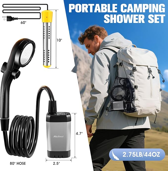 Portable Shower With HeaterPortable Shower For Camping With 2000W Auto-Off Heater4 Spray ModesLasting 140 minsLED DisplayPortable Shower PumpOutdoor Shower For CampingHikingTravelCarPet