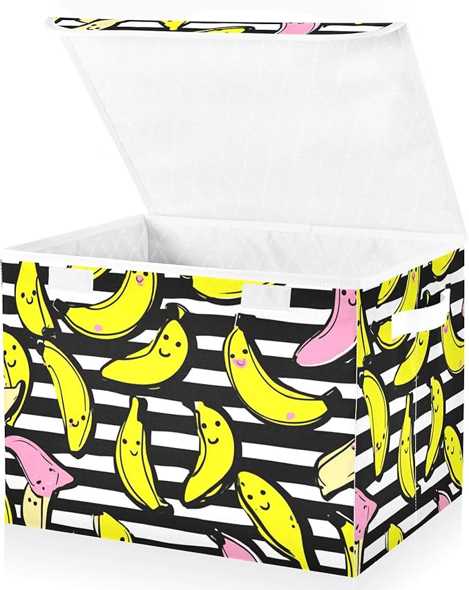 Stripes Pink Yellow Bananas Storage Box with Lid 1 PC Foldable Storage Bin with Lids Stackable Storage Bins Cube Closet Organizer Basket with Flip-Top Lid &amp Handles for Shoes Books Towels