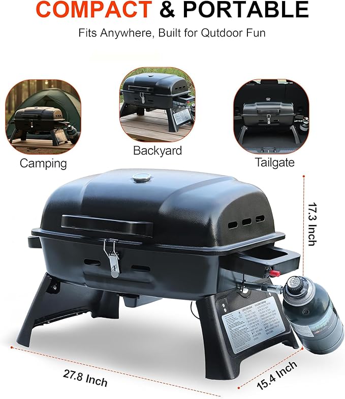 BRANDMAN GRILLS SINCE 1987 Portable Propane Gas Grill 1-Burner Tabletop Compact BBQ Grill with Folding Legs and Lockable Lid for Camping Tailgating &amp Outdoor Cooking Hassle-Free Setup