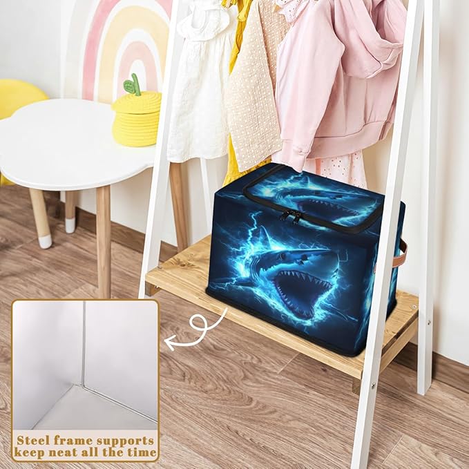 Shark Storage Box with Lid Sea Animals Collapsible Storage Bins Baskets Cubes Closet Shelf Clothes Organizer Containers with PU Leather Handles