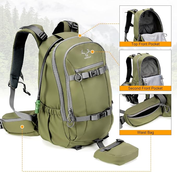 MOXULE Hunting Backpack Waterproof Pack: 25L Hunting Gear with Rain CoverHunting Day Pack with Rifle Bow Gun Holder (Green)