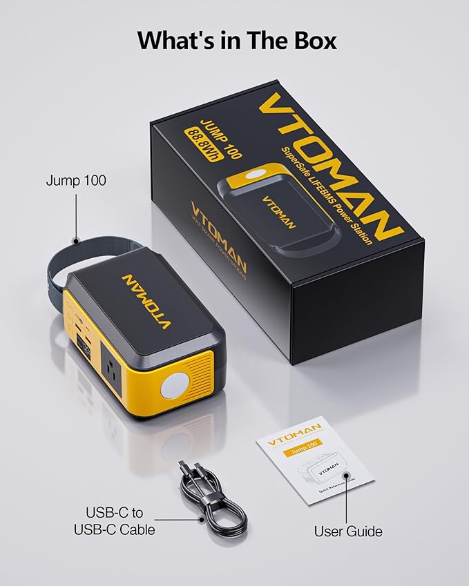 VTOMAN Jump 100 Portable Power Station 88.8Wh Solar Generator LiFePO4 Battery Power Station with 100W (Peak 200W) AC Outlet 1x PD 65W USB-C 2x Regulated 5V/2.4A USB-A for Camping