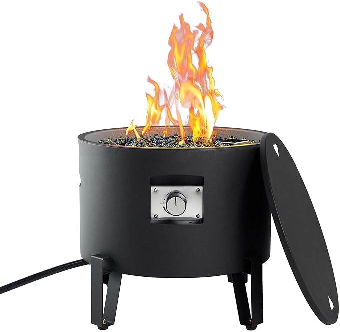 BAIDE HOME Portable Propane Fire Pit for Camping RV 50000 BTU Round 15'' H x 16'' W Portable Gas Firepit W/Lid Glass Rocks &amp Weather Resistant for Outdoors Propane Extension Hose Black