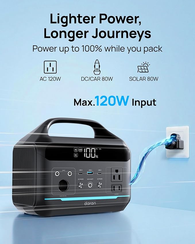 DARAN Portable Power Station 600W with 80W Solar Panel 288Wh LiFePO4 Solar Generator Dual AC Outlets 100W USB-C PD Fast Recharge for Camping RV Power Outage Emergency Backup