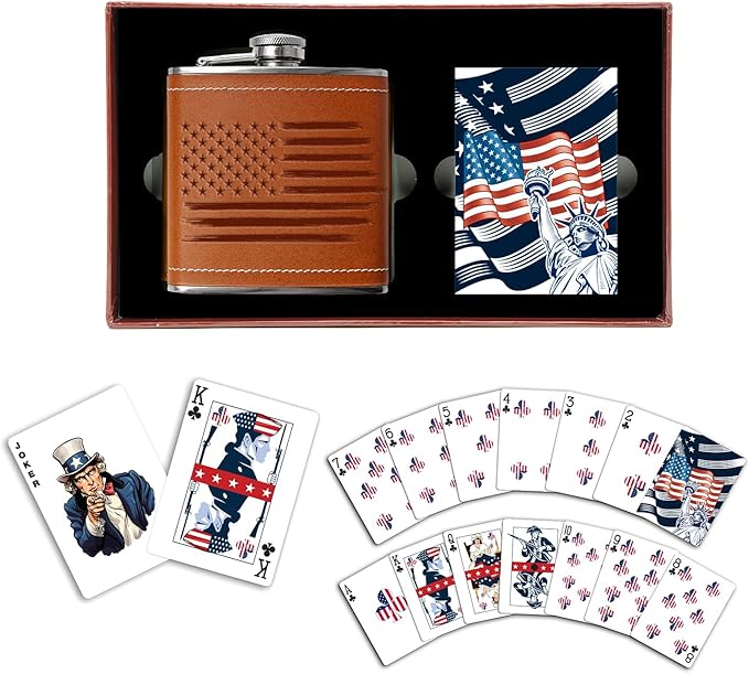 American Flag Flask &amp Cards Set Leather-Wrapped USA Hip-Flask with Playing Cards | Disabled Vet Owned SMALL Business | USA-Flag Flask-Card-Set