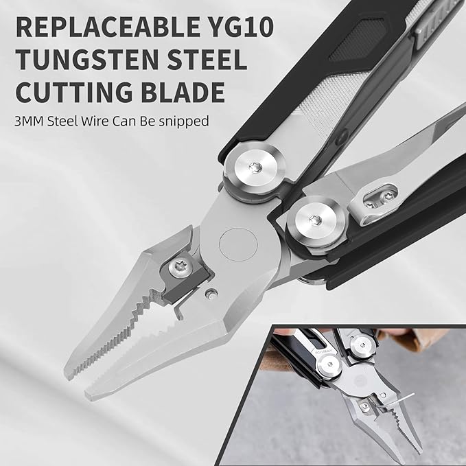 HANSHI 15 in 1 Multitool Pliers with Scissors Upgraded Heavy Duty Stainless Steel Multi Tool with YG10 Tungsten Steel Replaceable Wire Cutters for Survival Camping HikingRepair and Gift (Black)