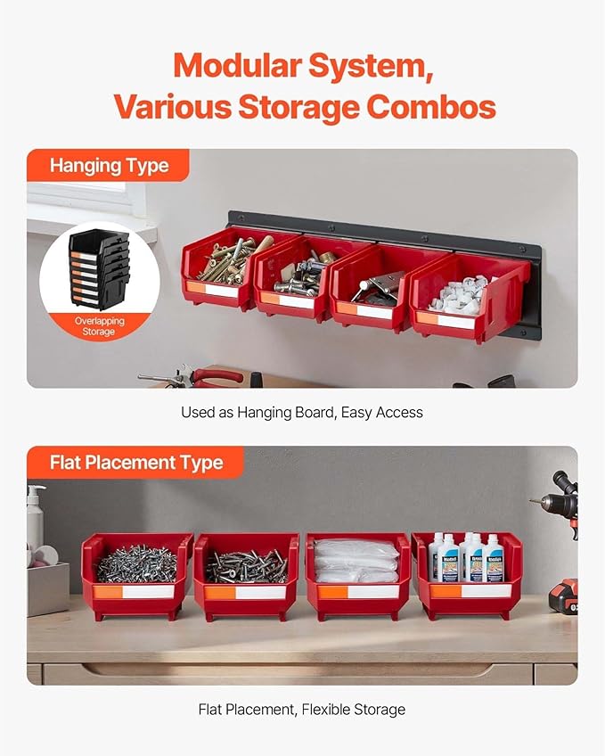 Wall Mounted Tool Organizer 12 Bins &amp 3 Rails - Hardware Storage for Garage Workshop Craft Room - Red Stackable Parts Bins