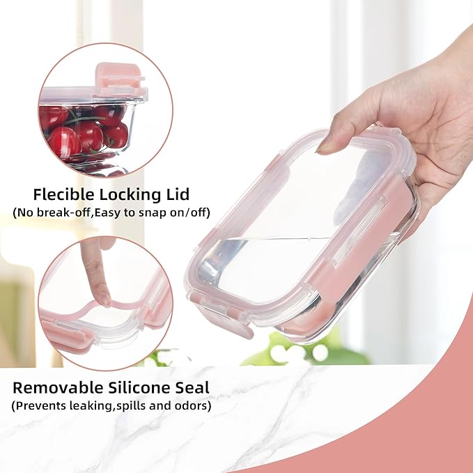 10 Pack 22 oz Glass Meal Prep Containers Food Storage Containers with Lids Airtight Leakproof Lunch Containers for Kitchen Freezer Microwave Dishwasher Safe (Pink)