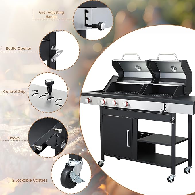 3-Burner Propane Gas BBQ Charcoal Grill Combo with Side Burner 37230BTU Stainless Steel Barbecue Grill With Enameled Cast Iron Cooking Grids For Outdoor Camping