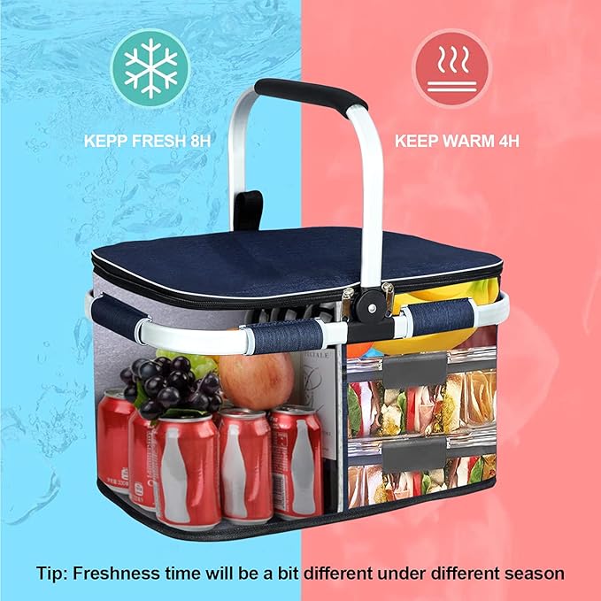 LIQING 35L Large Picnic Basket 2 Layers of Internal Pockets Leak-Proof and Insulated Folding with Internal Support for enhansed Stability Wedding Gifts for Couple(Navy Blue)