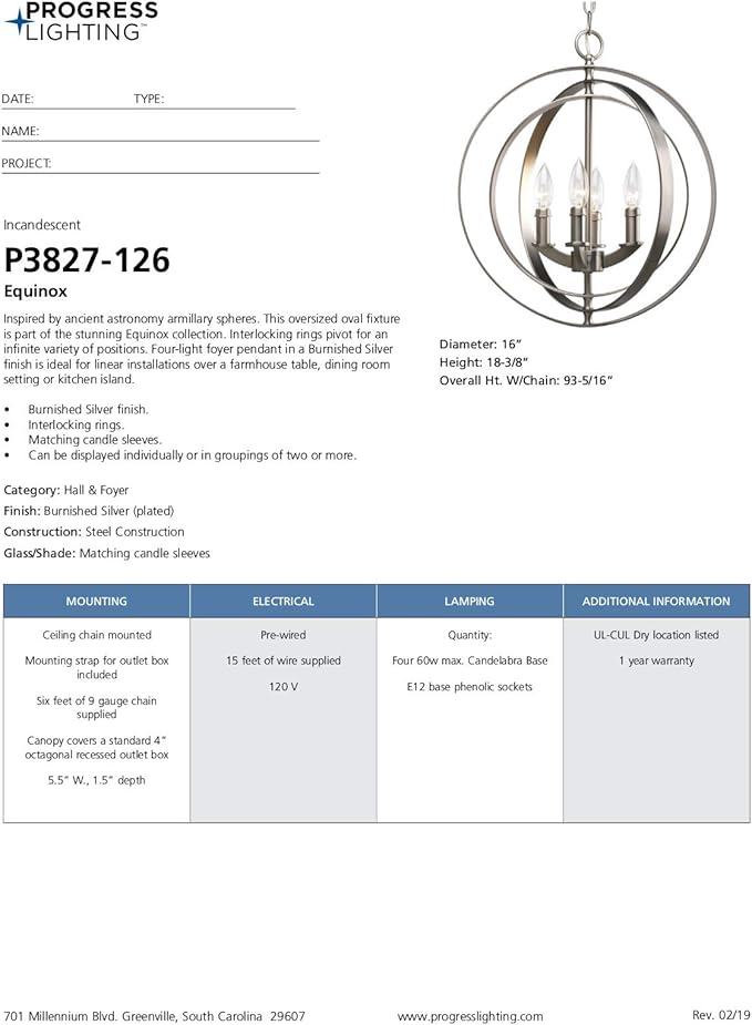 Progress Lighting 4-Light Foyer Pendant Equinox Collection Indoor P3827-126 Burnished Silver