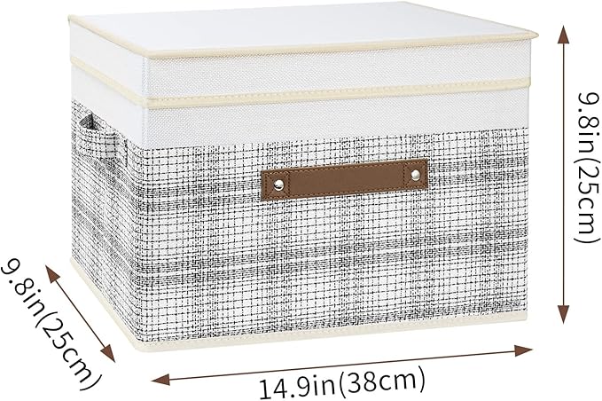 TYEERS Collapsible Storage Bins with Lids Patchwork Design Washable Fabric Storage Boxes 14.9x9.8x9.8 inches 3 Pack Gray