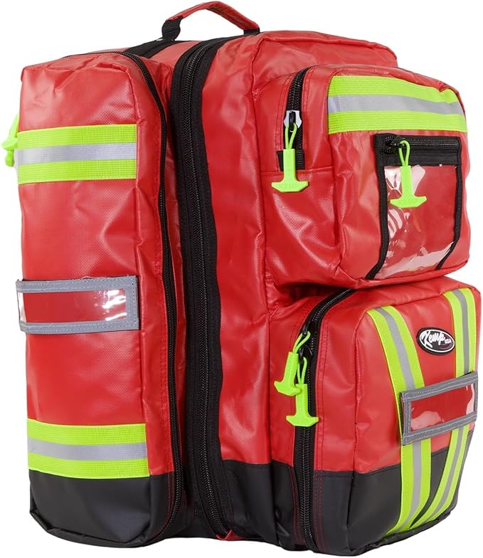 Kemp USA Heavy-Duty EMT Bag Made with Fluid-Resistant Tarpaulin Material - Emergency Survival Kit with Room for D O2 Tank - Medical Backpack with Multiple Handles (Tarpaulin Fabric Red)