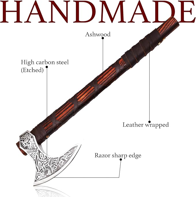 Generic KnifeArt Viking Axe Carbon Steel Blade Viking Style with Leather Wrap Length 22 inches(Brown) Camping Axe